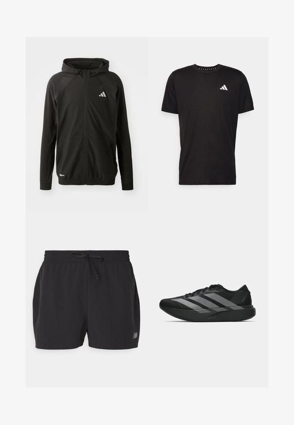 Μαύρο αθλητικό μπουφάν με μπροστινό φερμουάρ, κουκούλα, υφασμάτινες πάνες στους ώμους, ελαστικούς καρπούς και ανακλαστικό λογότυπο. Φτιαγμένο από ελαφρύ υλικό.; Μαύρο βαμβακερό μπλουζάκι με κοντά μανίκια, στρογγυλή λαιμόκοψη και λευκό λογότυπο στην αριστερή πλευρά του στήθους. Λείο υλικό και απλός σχεδιασμός.; Μαύρες αθλητικές βερμούδες φτιαγμένες από ελαφρύ ύφασμα, διαθέτοντας ελαστική μέση με κορδόνι και μία διακριτική λογότυπο στο κάτω αριστερό μέρος.; Μαύρα αθλητικά παπούτσια με ελαφρύ σχεδιασμό, που διαθέτουν τρεις έντονες γκρίζες ρίγες, λεία υφή και καμπυλωτή σόλα.