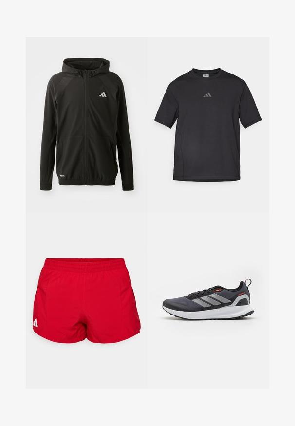 Chaqueta atlética negra con cremallera frontal, capucha, paneles de hombros texturizados, puños elásticos y un logotipo reflectante. Fabricada con material ligero.; Camiseta deportiva negra hecha de material transpirable, con mangas cortas, cuello redondo y un logo reflectante en el pecho.; Pantalones cortos deportivos rojos hechos de tejido ligero con una cinturilla elástica. Cuenta con bolsillos laterales y un acento de logo blanco cerca del dobladillo.; Zapatillas de running en negro con detalles en gris. Presentan un upper texturizado, una suela resistente y franjas reflectantes. Diseño ligero con una media suela acolchada.