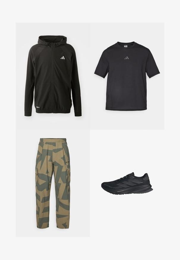 Black athletic jacket with a front zipper, hood, textured shoulder panels, elastic cuffs, and a reflective logo. Made from lightweight material.; Black athletic t-shirt made of breathable material, featuring short sleeves, a round neck, and a reflective logo on the chest.; Camo cargo pants in beige and green, featuring an elastic waistband, multiple side pockets, and abstract geometric patterns.; Black Adidas running shoe with Gore-Tex upper, three stripes on the side, and "Dreamstrike" on the sole, viewed from the outer side.