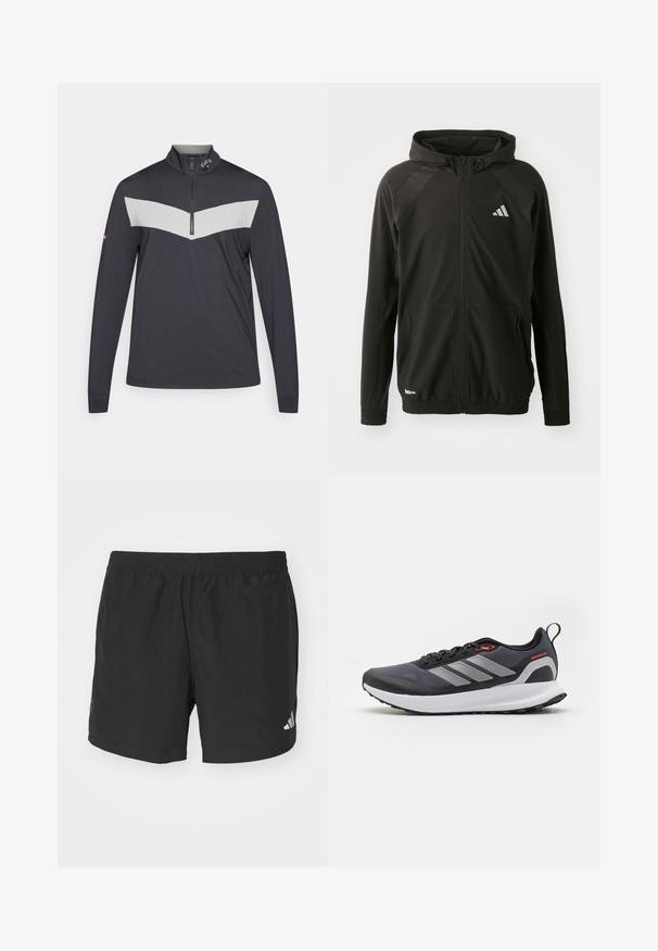 Čierna športová bunda s predným zipsom, kapucňou, textúrovanými ramennými panelmi, elastickými manžetami a reflexným logom. Vyrobená z ľahkého materiálu.; Mikina so štvrť zipom v tmavosivej farbe s bledosivým chevron vzorom na hrudi. Má dlhé rukávy a textúrovanú tkaninu.; Čierne atletické šortky s elastickým pásom, bočnými rozparkami a reflexnými logovými akcentmi. Vyrobené z ľahkej, hladkej tkaniny.; Bežecké topánky v čiernej farbe s šedými akcentmi. Obsahujú textúrovaný zvršok, pevnú podrážku a reflexné pruhy. Ľahký dizajn s polstrovanou medzipodrážkou.
