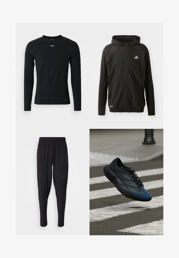 Casaco atlético preto com fecho de correr à frente, capuz, painéis texturizados nos ombros, punhos elásticos e um logótipo refletor. Fabricado em material leve.; Camisola atlética de manga longa preta, feita de tecido elástico, apresenta um decote redondo e costuras planas. Pequeno logótipo na parte superior do peito.; Calças atléticas pretas com um cós elástico, design afunilado, bolsos laterais e detalhe discreto do logótipo. Feitas de um tecido flexível e respirável.; Tênis atlético preto e azul com design aerodinâmico, apresentando uma parte superior texturizada, riscas contrastantes e uma sola acolchoada, pairando sobre o pavimento.