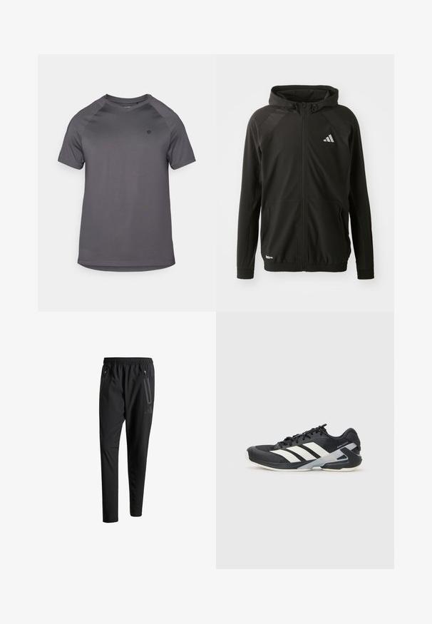 Must mustus jakkii, millel on ees lukuga taskud, kapuuts, tekstureeritud õlavarrepaneelid, elastsed mansetid ja peegelduv logo. Valmistatud kergetest materjalidest.; Halli spordi T-särk halli värvusega, ümmarguse kaelusega, lühikeste raglanvarrukatega ja siledast kangast, millel on logo vasakul küljel.; Mustavad spordipüksid elastse vöökoha, kahe tõmblukuga küljetasku, kitsenevate säärete ning õrna logodetailiga puusadel.; Mustad sportlik jalanõud mustade värvidega, valgete triipudega, võrgusilma pealmine osa, ümar varvas ja pehme tallaga. Omab tekstureeritud kontsa ja kindlat paeltesüsteemi.