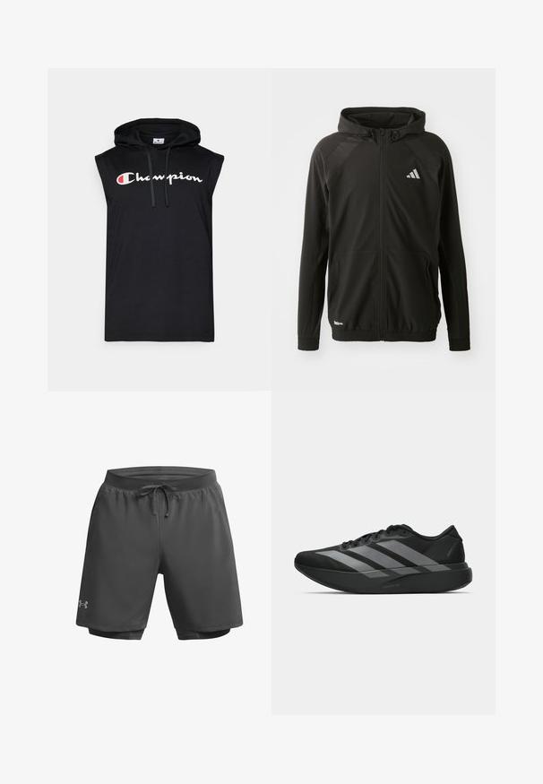 Čierna športová bunda s predným zipsom, kapucňou, textúrovanými ramennými panelmi, elastickými manžetami a reflexným logom. Vyrobená z ľahkého materiálu.; Čierna bezrukávová mikina s predným klokaním vreckom. Má biele a červené logo "Champion" na hrudníku. Vyrobená z mäkkej látky.; Tmavošedé športové šortky s elastickým pásom, nastaviteľnou šnúrkou a vnútornou sieťovinou; obsahujú jemné logo na ľavom stehne.; Čierne športové topánky s ľahkým dizajnom, obsahujúce tri výrazné šedé pruhy, hladkú textúru a kontúrovanú podrážku.