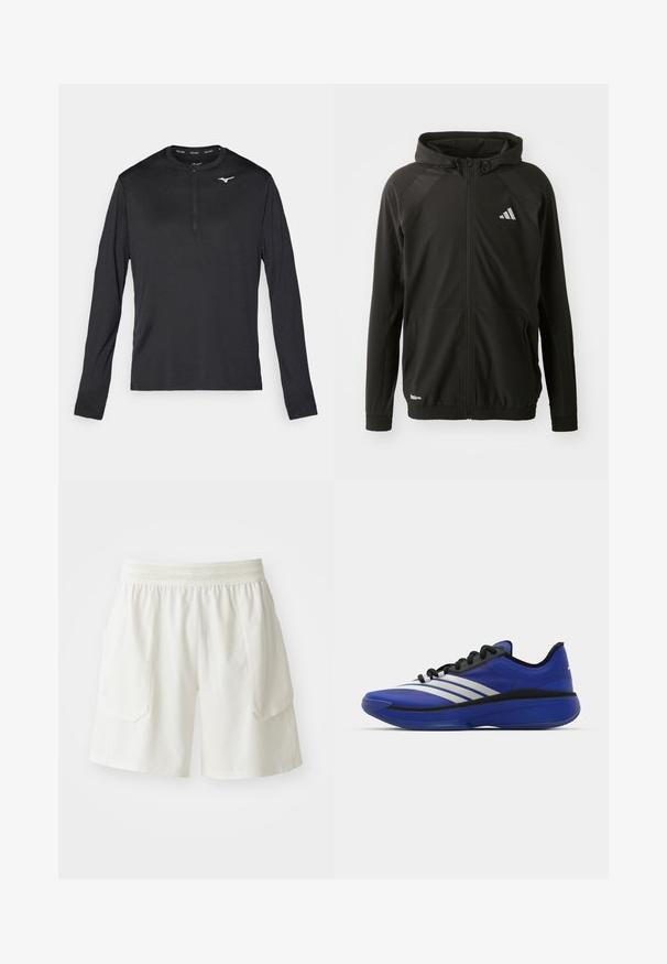 Fekete sportos dzseki elülső cipzárral, kapucnival, textúrált vállpanelek és rugalmas mandzsetták jellemzik, valamint fényvisszaverő logóval rendelkezik. Könnyű anyagból készült.; Fekete, hosszú ujjas sportpóló, fél zipzárral a nyaknál és egy kis fehér logóval a mellkason. Simább, könnyű anyagból készült.; ASICS MATCH SHORT - Sport rövidnadrágok - cream; adidas Performance ADIZERO SELECT 3.0 - Kosárlabdacipők - lucid blue/core black/metallic