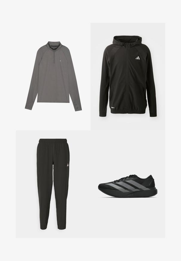 Juoda sportinė striukė su priekiniais užtrauktukais, gobtuvu, tekstūruotomis pečių panelėmis, elastiniais rankogaliais ir atspindinčiu logotipu. Pagaminta iš lengvos medžiagos.; Pilkas ilgas rankovėmis viršus su pusiau užtrauktukų apykakle. Su raglan rankovėmis ir logotipu priekyje. Pagamintas iš lygaus, tampraus medžiagos.; Juodos sportinės kelnės su elastingu liemeniu, siauro kirpimo, baltu logotipu kairėje kojoje. Lygus, lengvas audinys.; Juodos sportinės avalynės, lengvos konstrukcijos, su trimis aiškiomis pilkomis juostomis, lygiu paviršiumi ir kontūrine padu.
