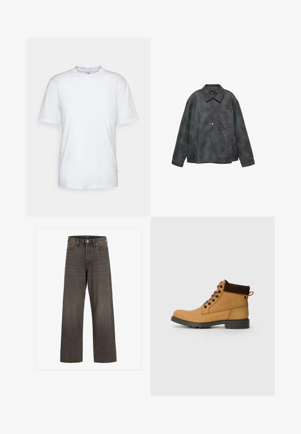 Dark gray faux leather jacket with snap buttons, a chest pocket, two side pockets, and a wide collar.; White cotton t-shirt with a crew neck, short sleeves, and a straight hem. Features a small brand tag on the left side seam.; Wide-leg jeans in dark grey denim, featuring a high waist, classic five-pocket design, and contrasting stitching along the seams.; Jack & Jones JFWCRANFIELD - Lace-up ankle boots - honey