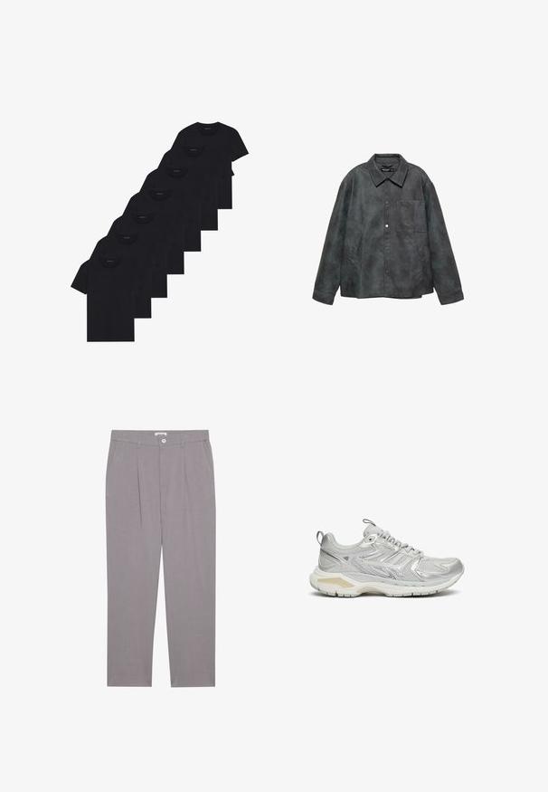 Donkergrijze neplederen jas met drukknoopsluiting, een borstzak, twee zijzakken en een brede kraag.; Set van acht zwarte katoenen T-shirts met korte mouwen en een ronde hals, met een eenvoudige uitstraling en een zachte textuur.; Grijze tailored broek met rechte snit, voorzien van twee zijzakken, plooien en een knoopsluiting. Gemaakt van lichtgewicht stof.; Grijze sportschoen met een bovenwerk van mesh, synthetische overlays en een dikke witte zool. Voorzien van een gewatteerde kraag en gestructureerde accenten.