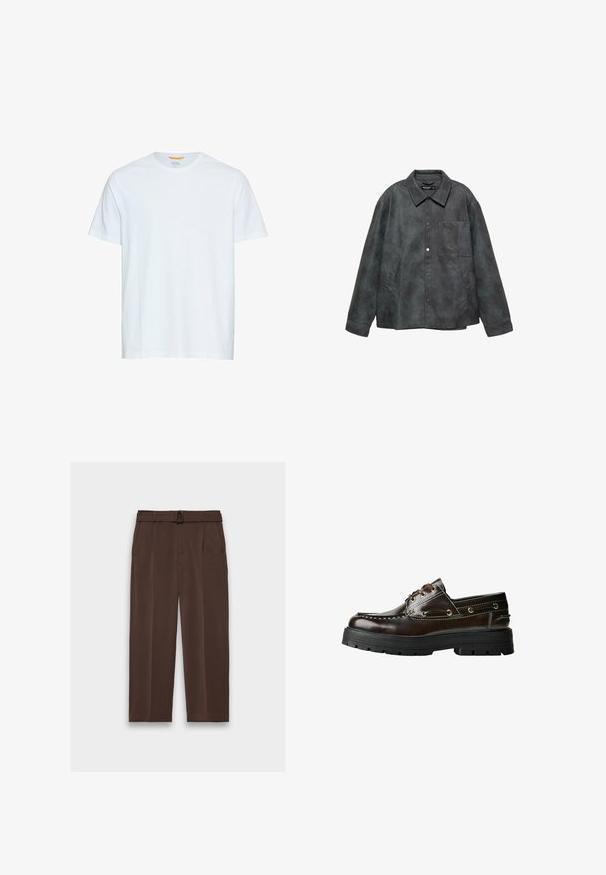 Donkergrijze neplederen jas met drukknoopsluiting, een borstzak, twee zijzakken en een brede kraag.; Witte katoenen t-shirt, korte mouwen, ronde hals, zachte textuur, rechte zoom, minimalistisch ontwerp met een klein logo nabij de halslijn.; Bruine broek met een riem, met een hoge taille, geplooide voorkant en zijzakken; gemaakt van gladde, gestructureerde stof.; Bruine leren bootshoe met een rubberen zool, voorzien van stiksels, metalen oogjes en een vetersluiting. Stevige, lichte constructie.
