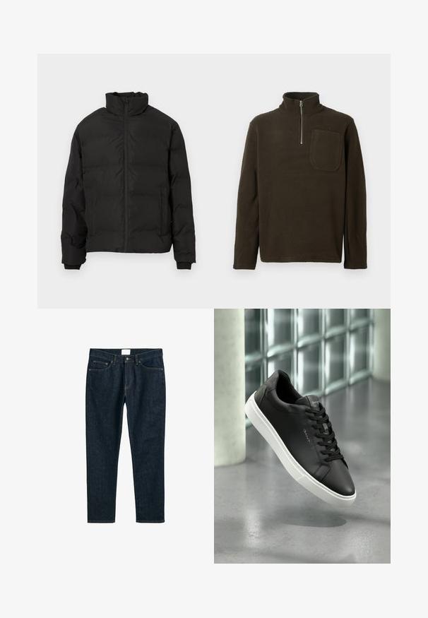 Juodas paminkštintas žieminis švarkas su aukštu apykakle, priekiniais užtrauktukais ir šoniniais kišenėmis, pateiktas baltoje fone.; Rudas vilnos megztinis su aukštu apykakle, pusiau užtrauktuku ir krūtine kišenė. Švelni tekstūra ir laisvas siluetas, ilgos rankovės.; Tamsiai mėlyni džinsai, tiesaus kirpimo, turintys penkis kišenes, mygtukų užsegimą ir kontrastingą siuvimą. Lygus paviršius su klasikinio dizaino akcentais.; Juodas odinis sportinis batelis su balta guma, apvaliu priekiu ir raišteliais. Pasižymi lygiu paviršiumi ir subtiliu logotipu ant liežuvio.