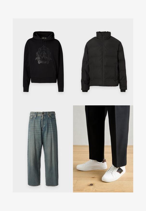 Black padded winter jacket with high collar, front zipper, and side pockets, displayed on a white background.; Black hooded sweatshirt featuring a front pocket, drawstrings, and a glossy ornate logo design on the chest. Soft fabric texture.; Light blue denim jeans with a loose fit, mid-rise waist, and straight legs. Features five pockets, belt loops, and a button closure.; White sneakers with smooth texture, featuring brown leather accents and black detailing, paired with black tailored pants. Wooden floor background.