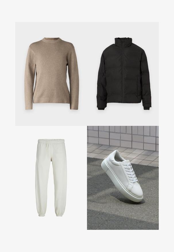Zwarte gewatteerde winterjas met hoge kraag, voorrits en zijzakken, weergegeven op een witte achtergrond.; Beige trui met een ronde hals, lange mouwen, geribde manchetten en een zachte, textuurachtige stof. Heeft een eenvoudig ontwerp en een relaxte pasvorm.; Witte sweatpants gemaakt van zachte stof, met een elastische tailleband en boorden, een gladde textuur en een losvallend ontwerp.; Witte leren sneaker met een glad oppervlak, ronde neus en platte witte veters. Voorzien van een gestructureerde rubberen zool en minimale ontwerpelementen.