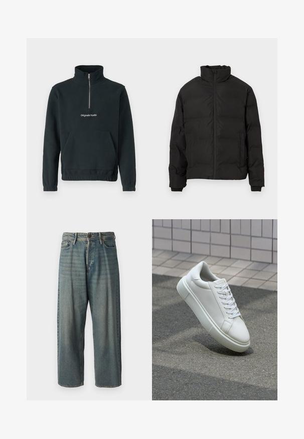 Schwarze gepolsterte Winterjacke mit hohem Kragen, Frontreißverschluss und Seitentaschen, auf einem weißen Hintergrund präsentiert.; Jack & Jones JORVESTERBRO QUARTER ZIP - Fleecepullover - forest river; Helle blaue Denim-Jeans mit lockerer Passform, mittelhoher Taille und geraden Beinen. Hat fünf Taschen, Gürtelschlaufen und einen Knopfverschluss.; Weiße Leder-Sneaker mit glatter Oberfläche, runder Zehenpartie und flachen weißen Schnürsenkeln. Verfügt über eine strukturierte Gummisohle und minimalistische Designelemente.