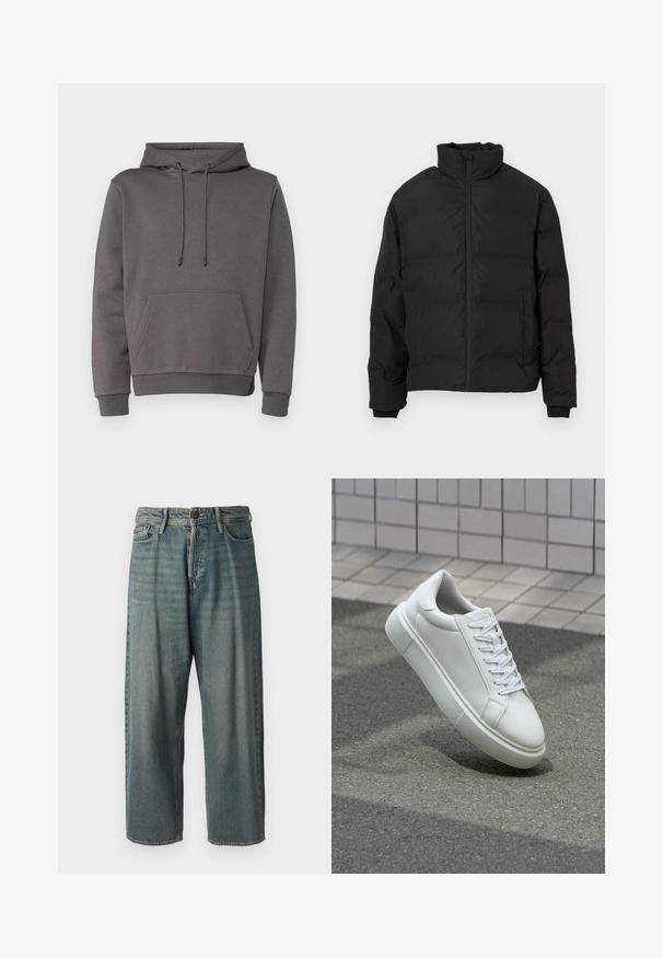 Fekete párnázott télikabát magas gallérral, elülső cipzárral és oldalsó zsebekkel, fehér háttéren bemutatva.; Szürke kapucnis pulóver puha anyagból, kenguru zsebből, állítható zsinóros kapucnival, valamint bordázott mandzsettákkal és aljjal.; Világoskék farmernadrág, laza fazonnal, közepes derékbőséggel és egyenes szárral. Öt zsebet, övbucskát és gombos záródást tartalmaz.; Fehér bőr sportcipő sima felülettel, kerek orral és lapos fehér fűzőkkel. Texturált gumitalppal és minimális dizájnelemekkel rendelkezik.
