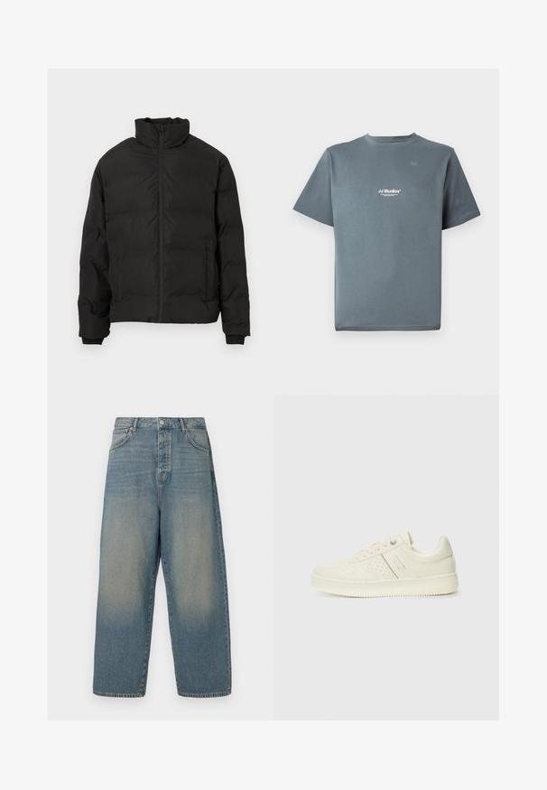 Čierna zateplená zimná bunda s vysokým golierom, predným zipsom a bočnými vreckami, vystavená na bielom pozadí.; Šedé bavlnené tričko s okrúhlym výstrihom, krátkymi rukávmi a malým bielym logom "JJ Studios" na hrudníku. Hladká textúra a voľný strih.; Svetlomodré riflové nohavice s širokými nohavicami a vysokým pásom, štyrmi vreckami a kontrastným šitím. Hladká textúra s vyblednutým povrchom.; Krémová teniska s perforovanými detailmi, šnúrkami a logom na boku, vystavená na jednoduchej bielej pozadí.
