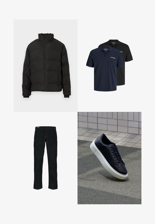 Giubbotto invernale imbottito nero con colletto alto, zip frontale e tasche laterali, esposto su uno sfondo bianco.; Due polo shirt: uno blu navy con logo bianco e uno nero. Entrambi presentano un colletto classico e maniche corte, realizzati in tessuto leggero.; Pantaloni in corduroy neri con cintura elastica, cordoncino regolabile, gambe affusolate e una sottile texture a righe verticali.; Sneaker in pelle nera con punta arrotondata e suola in gomma bianca. Presenta lacci piatti e cuciture minime sulla parte superiore. Suola testurizzata per una migliore aderenza.