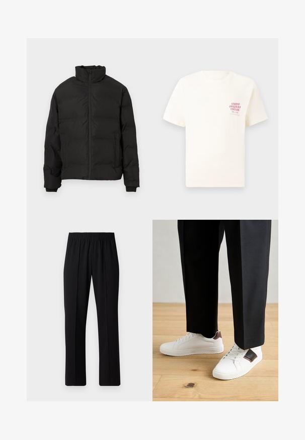 Veste d'hiver noire rembourrée avec col montant, fermeture éclair avant et poches latérales, présentée sur un fond blanc.; T-shirt blanc à manches courtes avec le texte rouge "Édition Originals du Studio" sur la poitrine gauche, présenté sur un fond gris neutre.; Pantalons noirs à taille élastique avec une coupe droite, présentant une texture lisse et sans motifs ni éléments visibles.; Des sneakers blanches au texture lisse, avec des accents en cuir marron et des détails noirs, assorties à un pantalon noir ajusté. Fond en parquet.