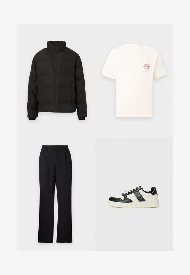 Veste d'hiver noire rembourrée avec col montant, fermeture éclair avant et poches latérales, présentée sur un fond blanc.; T-shirt blanc à manches courtes avec le texte rouge "Édition Originals du Studio" sur la poitrine gauche, présenté sur un fond gris neutre.; Only & Sons ONSJEREMY LOOSE PANT - Pantalon classique - black; Baskets en cuir avec un schéma de couleurs noir et crème, dotées d'accents perforés, d'un col rembourré et d'une semelle texturée.