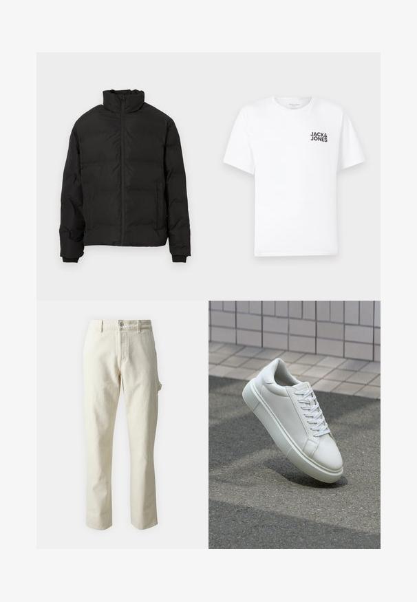 Czarna ocieplana kurtka zimowa z wysokim kołnierzem, z zamkiem błyskawicznym z przodu i kieszeniami po bokach, wyeksponowana na białym tle.; Biała bawełniana koszulka, krótki rękaw, okrągły dekolt. Posiada czarny tekst logo "JACK & JONES" po lewej stronie klatki piersiowej. Prosty, gładki design.; Beżowe spodnie prostego kroju wykonane z bawełny o miękkiej teksturze, z przodem zapinanym na guzik i kieszeniami bocznymi.; Białe skórzane trampki z gładką powierzchnią, okrągłym noskiem i płaskimi białymi sznurowadłami. Posiadają teksturowaną gumową podeszwę oraz minimalistyczne elementy projektowe.