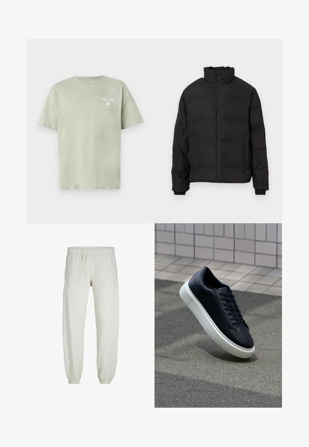 Giubbotto invernale imbottito nero con colletto alto, zip frontale e tasche laterali, esposto su uno sfondo bianco.; T-shirt in cotone verde chiaro con maniche corte, caratterizzato dalla scritta "Palm Coast" e un grafico solare bianco sul davanti.; Pantaloni tuta bianchi realizzati in tessuto morbido, dotati di vita e polsini elastici, con una texture liscia e una vestibilità ampia.; Sneaker in pelle nera con punta arrotondata e suola in gomma bianca. Presenta lacci piatti e cuciture minime sulla parte superiore. Suola testurizzata per una migliore aderenza.