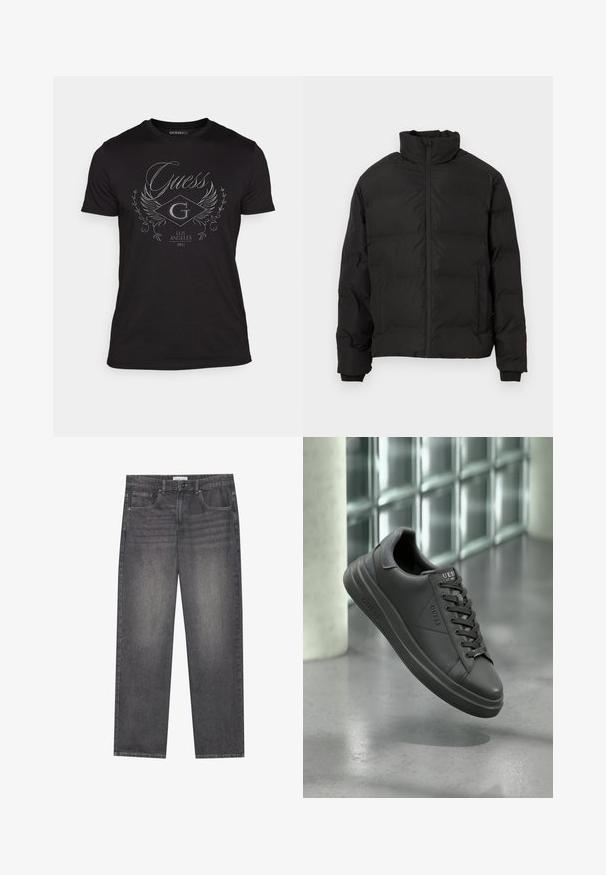 Must musta talvejakk, millel on kõrge krae, esine lukku ja küljetaskud, esitatud valgel taustal.; Must häbemust t-särk, millel on hõbedane logodisain tiibadega, tekst "Guess," "Los Angeles" ja "1981," ümmargune kaelus, lühikesed varrukad.; Tumedad hallid džинs подразденииinнари и виишь праканд нарх ялкаал еиргиктр панжии, лашкаай у.Е. нарер летмец вьимиджеч платарам.; Mustad nahkjalatsid siledat viimistlusest, ümmarguse varbaga, tekstuursete aktsentide ja paeltega kujundusega. Logo on näha keelel.