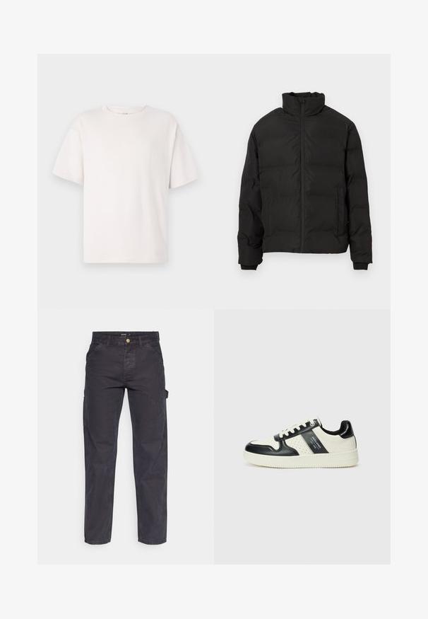 Zwarte gewatteerde winterjas met hoge kraag, voorrits en zijzakken, weergegeven op een witte achtergrond.; Witte korte mouwen t-shirt van zacht katoen. Heeft een ronde hals en een relaxte pasvorm. Glad materiaal zonder patronen of accenten.; Donkergrijze cargobroek van duurzaam materiaal, met een rechte pijp, vijf zakken en een knoopsluiting in de taille.; Leren sneakers met een zwart en crèmekleurig kleurenschema, voorzien van geperforeerde accenten, een gevoerde kraag en een gestructureerde buitenzool.