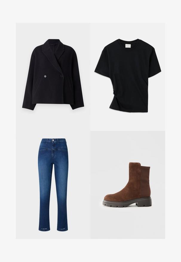 Palton negru din amestec de lână, cu un guler tăiat, cu un front cu două rânduri de nasturi, cu buzunare laterale și o siluetă pătrată. Textură netedă.; Tricou negru din bumbac moale, cu guler rotund, mâneci scurte și un design ușor răsucit pentru o potrivire confortabilă.; Jeans din denim de un albastru închis, cu talie înaltă, croială slim, picioare drepte și două buzunare frontale. Au un nasture metalic și accente de cusătură.; Botine din suede maro, cu panouri elastice laterale, vârf rotunjit și o talpă groasă din cauciuc, având un model texturat de profil.