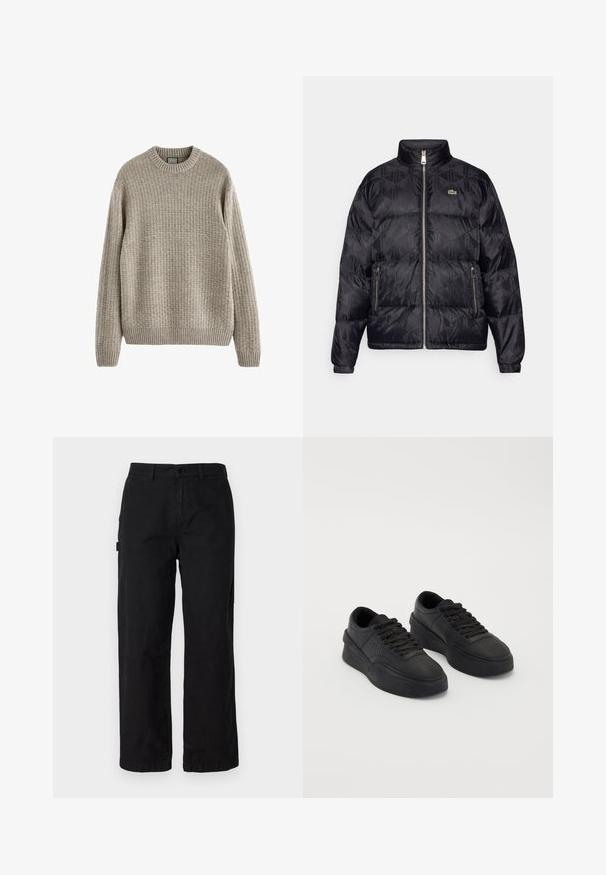 Lacoste Down jacket - black; Beige ribbed sweater with a round neckline, long sleeves, and a textured knit pattern. Features a ribbed hem and cuffs.; Black cotton cargo pants with a straight leg design, featuring side pockets and a front button closure. Durable fabric with a smooth texture.; Black sneakers made of smooth leather with a cushioned sole. Features include flat laces, perforations on the toe, and a sleek silhouette.