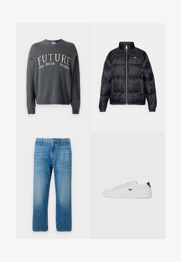 Lacoste Pūkinė striukė - black; Tamsiai pilkas megztinis su rausvais rankogaliais ir apačia, papuoštas siuvinėtu užrašu "FUTURE Est. 2018 PARIS" krūtinės srityje, raudona ir balta spalvomis.; Šviesiai mėlynos džinsinės kelnės su tiesiu kirpimu, penkių kišenių dizainu, mygtuko uždarymu ir subtiliu blukimu priekyje. Nėra matomų raštų.; Balti odiniai sportbačiai su apvalia nosimi, raištelių užsegimu priekyje ir juodu akcentu ant kulno. Šone yra mažas išsiuvinėtas krokodilo logotipas.