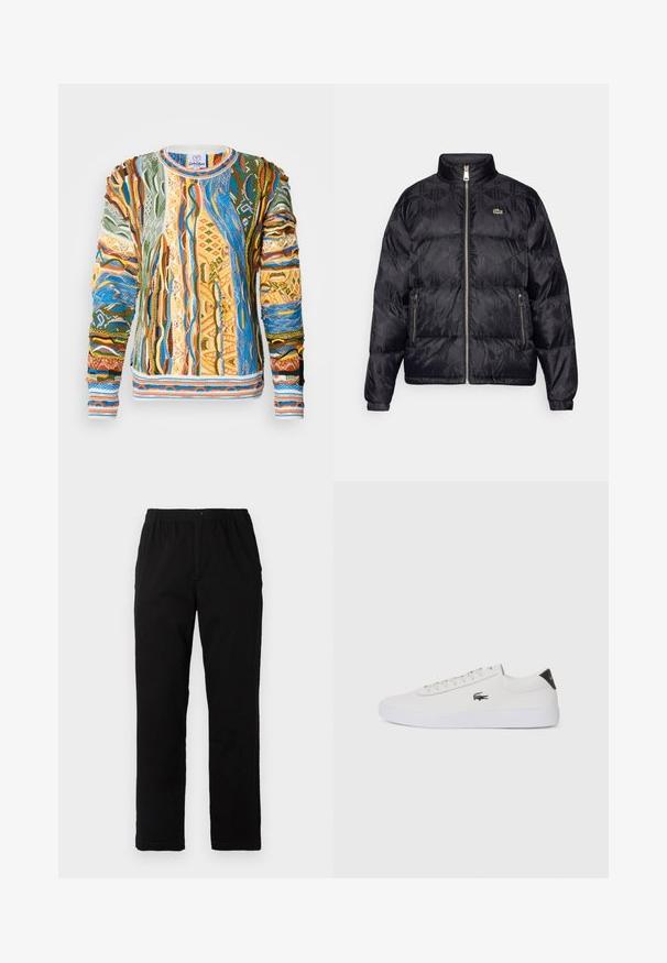 Lacoste Sulejope - black; Mitmevärvilinekeitud sviiter keerukate mustritega rohelises, sinises, oranžis ja kollases. Omab tekstuuriga triibusid ja soonikuga varrukaid ja helmeid.; Mustad mustreid, puuvillast segakanga valmistatud mustad püksid, mis on sirge lõikega, elastse vöökoht ja nööp, ilma nähtavate mustrite või aktsentideta.; Valge nahast tenniseking ümara ninaga, lukkude ja musta kontsa aktsendiga. Külgedel on väike broderi krokodilli logo.