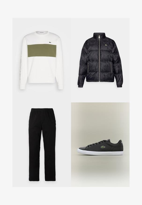 Lacoste Casaco de penas - black; Lacoste UNISEX - Camisola - flour/oliv; Calças pretas feitas de um tecido de algodão misto, com corte reto, cintura elástica com botão e sem padrões ou detalhes visíveis.; Tênis de couro preto com sola de borracha branca, apresentando um logotipo de crocodilo verde e cadarços redondos, design elegante com textura suave.