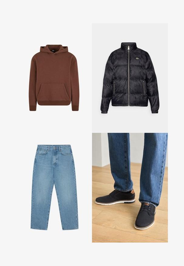 Lacoste Bunda z prachového peří - black; Hnědá mikina s kapucí vyrobená z měkké tkaniny, s klokankou, žebrovanými manžetami a volným střihem.; Světle modré džíny s širokými nohavicemi a vysokým pasem, které mají pět kapes, poutka na opasek a měkkou, mírně vybledlou strukturu.; Černé boty vyrobené z texturovaného materiálu s bílou podrážkou, hnědými koženými akcenty a tkaničkami, v kombinaci s modrými džínami na dřevěné podlaze.