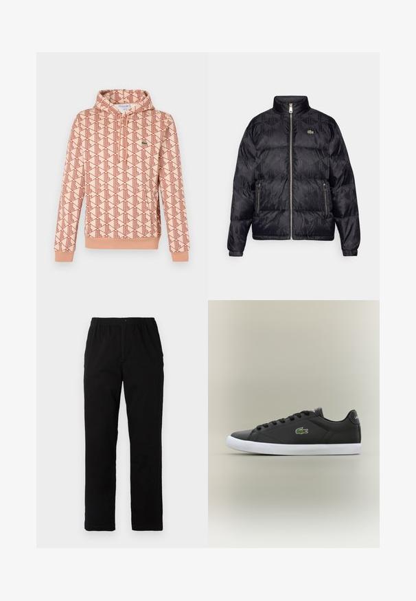 Lacoste Piumino - black; Felpa con cappuccio di un rosa chiaro con un motivo geometrico rosso. Dotata di zip frontale e polsini a coste. Piccolo logo sul petto.; Pantaloni neri realizzati in un tessuto misto cotone, caratterizzati da un taglio dritto, vita elastica con bottone e senza motivi o dettagli visibili.; Sneaker nere in pelle con suola in gomma bianca, dotate di logo verde a forma di coccodrillo e lacci rotondi, design elegante con texture liscia.