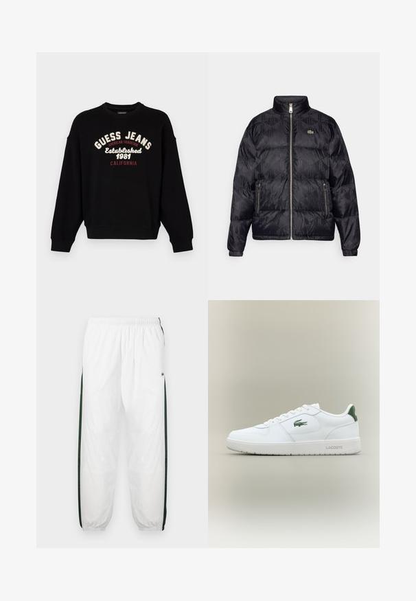 Lacoste Μπουφάν με πούπουλα - black; Μαύρη φούτερ μπλούζα από βαμβάκι, με στρογγυλή λαιμόκοψη και χαμηλούς ώμους. Φέρει την ένδειξη "GUESS JEANS" και ημερομηνίες σε αντίθετο κεντητό κείμενο.; Λευκό παντελόνι φόρμας με σκούρα πράσινα πλαϊνά πάνελ. Ελαφρύ υλικό, ελαστική μέση και μανσέτες στο κάτω μέρος. Διαθέτει διχτυωτή υφή στα πλαϊνά πάνελ.; Λευκό δερμάτινο sneaker με λεία επιφάνεια, πράσινες λεπτομέρειες στη φτέρνα και πράσινο λογότυπο στο πλάι. Διαθέτει επίπεδο σόλο και στρογγυλή μύτη.