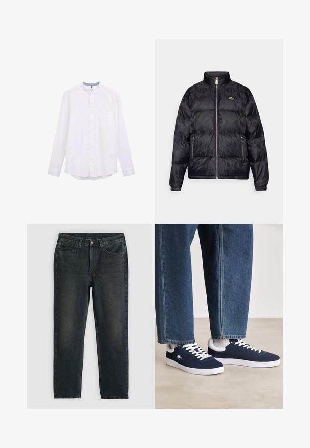 Lacoste Puhovka - black; Bela srajca z dolgimi rokavi z ovratnikom z obrobo, gumbastim zapenjanjem in enim žepom na prsih. Ima kontrastno svetlobno modro notranjost ovratnika.; Temno modri traper hlače z ravnim krojem, opremljene s petimi žepi, zadrgo in kontrastnim šivom. Nežna bledica na tkanini.; Modri platneni športniki z belimi vezalkami in gumijastimi podplati, prikazani z jeans hlačami in sivimi rebrastimi nogavicami, na svetlo sivi površini.