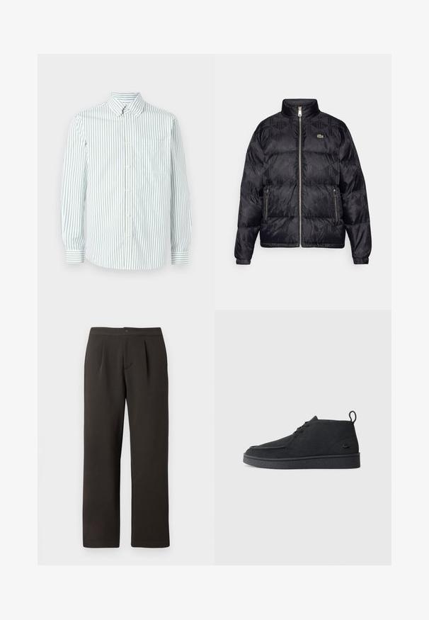 Lacoste Down jacket - black; Les Deux KENT - Shirt - white; Dark brown, straight-leg trousers with a flat front, two pleats, and a button closure. Made of smooth fabric with a slight texture.; Black suede lace-up ankle boot with pull tab and textured sole, featuring small embossed crocodile logo on the side.