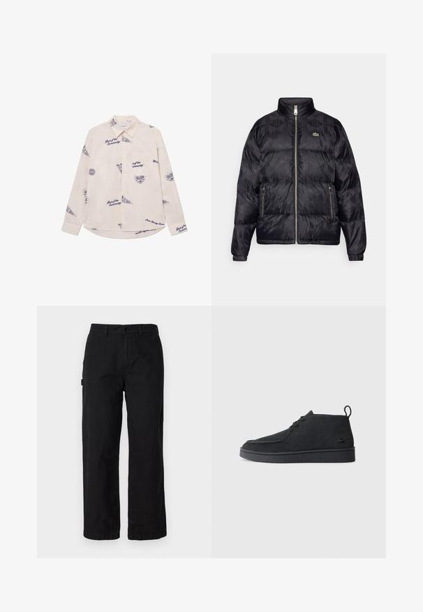 Lacoste Chaqueta de plumas - black; Camisa de manga larga beige claro con diseños gráficos y texto en azul marino. Cuenta con un cuello abotonado y un bolsillo en el pecho. Tejido de algodón.; Pantalones cargo de algodón negros con un diseño de pierna recta, que cuentan con bolsillos laterales y un cierre frontal con botón. Tela duradera con una textura suave.; Botines de ante negros con cordones, tirador en la parte trasera y suela texturizada, que presentan un pequeño logo de cocodrilo en relieve en el lateral.