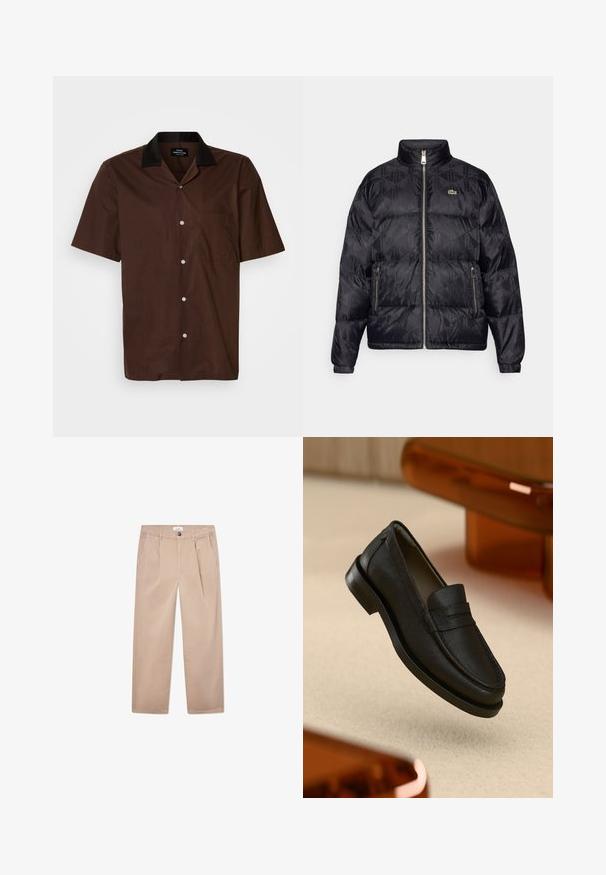 Lacoste Pūkinė striukė - black; Tamsiai ruda trumpomis rankovėmis marškiniai su juodu apykakle. Yra viena krūtinės kišenė ir balti mygtukai priekyje.; Medvilniniai chaki spalvos kelnių su tiesiomis kojomis, turinčių dvi priekinės kišenes, sagą ir klasikinį siluetą.; Juodos odos laivų bato modelis su tekstūruotu paviršiumi, pasižymintis siūlėta siūle ir guminio pado. Padėtas ant šviesios spalvos paviršiaus.