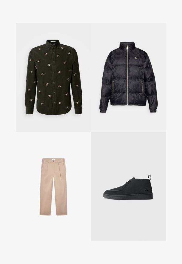 Lacoste Tollkabát - black; Sötétzöld bársony ing, különböző pózokban hímzett kacsákkal. Gombos gallérral és hosszú ujjakkal, gombos mandzsettával.; Khat́i vászon nadrág egyenes fazonban, két elülső zsebbel, gombos záródással és klasszikus szabással.; Fekete velúr, fűzős bokacsizma, húzófüllel és texturált talppal, oldalt kis, dombornyomott krokodil logóval.