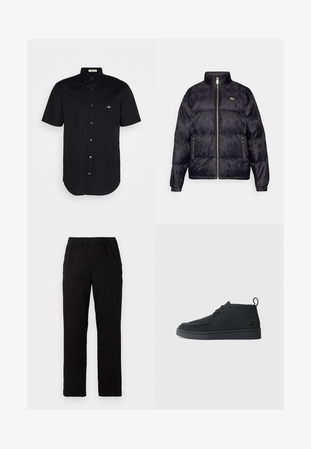 Lacoste Untuvatakki - black; Lyhythihainen musta paita, puuvillamateriaalia, napillinen kaulus, etutasku brodeeratulla logolla, suora helma, sileä pinta.; Mustat housut, jotka on valmistettu puuvilla-sekoitekankaasta, suoran mallin, joustavan vyötärönauhan ja napin kanssa, ilman näkyviä kuvioita tai yksityiskohtia.; Mustat mokka nauhalla suljettavat nilkkasaappaat, joissa on vetotappi ja teksturoitu pohja, sekä pieni kohokuvioitu krokotiililogo sivulla.