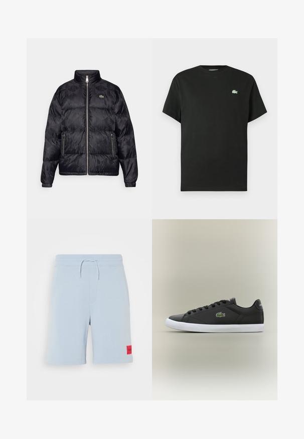 Lacoste Down jacket - black; Black cotton t-shirt with a crew neck, short sleeves, and a green embroidered logo on the left chest. Smooth texture, relaxed fit.; Light blue cotton shorts with an elastic waistband and drawstring, featuring a red patch label on the left side. Smooth texture.; Black leather sneakers with white rubber sole, featuring a green crocodile logo and round laces, sleek design with smooth texture.