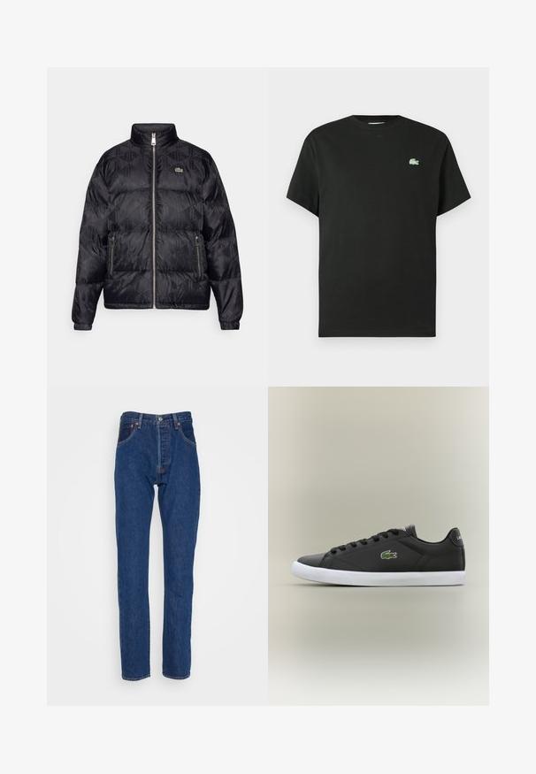 Lacoste Tollkabát - black; Fekete pamut póló kerek nyakkivágással, rövid ujjakkal, bal oldalon zöld hímzett logóval. Simaságú anyag, laza szabás.; Levi's® 501® '93 STRAIGHT - Egyenes szárú farmer - the fillmore; Fekete bőr sportcipők fehér gumitalppal, zöld krokodil logóval és kerek fűzőkkel, elegáns dizájn sima felülettel.