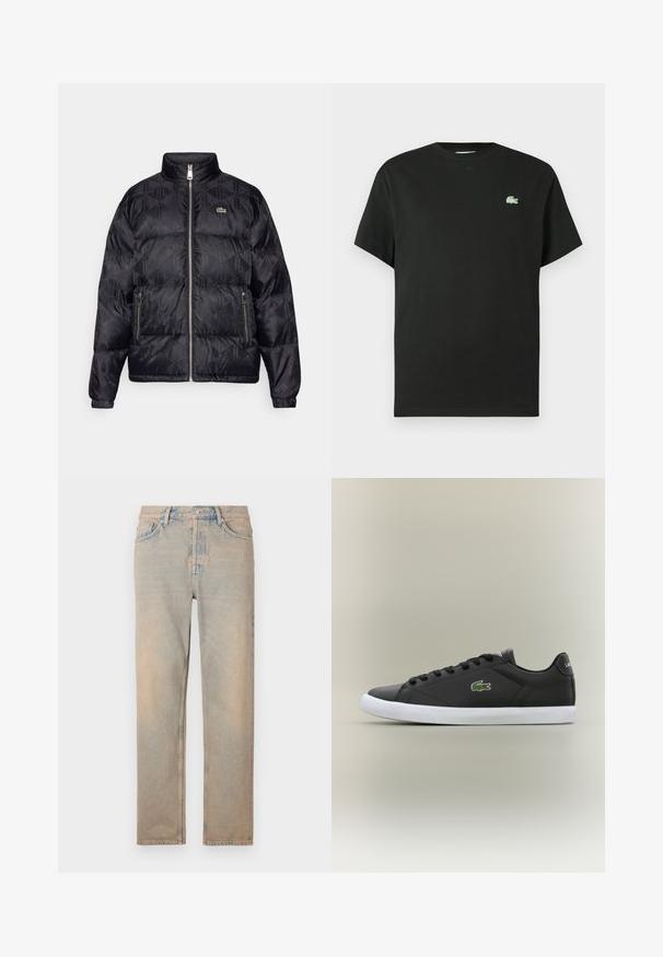 Lacoste Down jacket - black; Black cotton t-shirt with a crew neck, short sleeves, and a green embroidered logo on the left chest. Smooth texture, relaxed fit.; Light beige denim jeans with a straight cut. Features five pockets, a button fly, and subtle fading along the fabric's surface.; Black leather sneakers with white rubber sole, featuring a green crocodile logo and round laces, sleek design with smooth texture.
