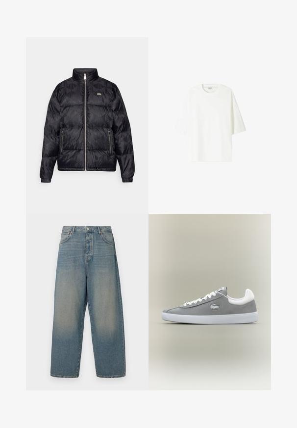 Lacoste Jachetă cu puf - black; Tricou alb cu mânecă scurtă, fabricat din bumbac, cu guler tip crew și o croială lejeră, având o tivă dreaptă.; Jeans din denim de culoare albastru deschis, cu picioare largi și talie înaltă, având patru buzunare și cusături contrastante. Textură netedă cu un finisaj uzat.; Sneaker gri din suede cu talpă din cauciuc alb, închidere cu șireturi și logo brodat pe lateral. Design minimalist cu o siluetă clasică.
