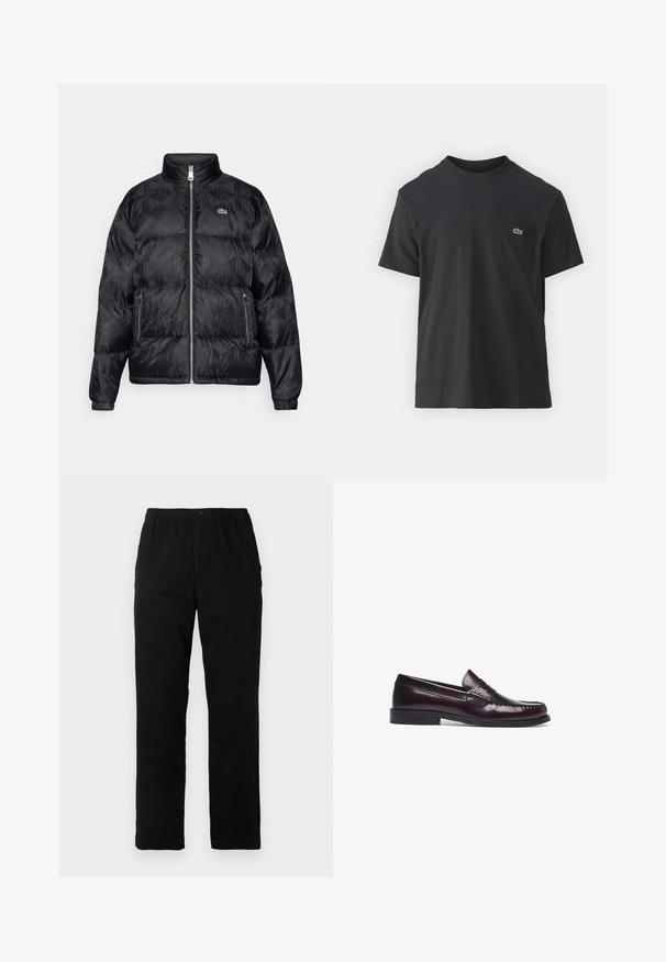 Lacoste Dunjakker - black; Sort bomulds t-shirt med korte ærmer, rund halsudskæring og et lille grønt logo på venstre brystlomme. Enkel design, normal pasform.; Sorte bukser lavet af en bomuldsblandingsstof, med lige snit, elastisk talje med knap, og uden synlige mønstre eller detaljer.; Bordeaux læder loafers med en syet tådetalje, flad hæl og glat finish. Har et klassisk penny-slot design på vampen.