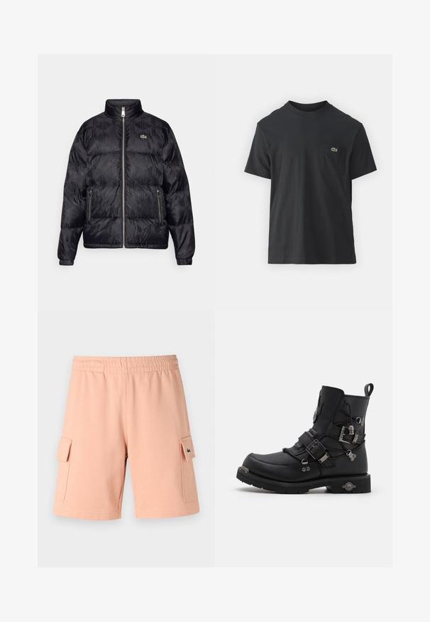Lacoste - Kurtka puchowa; Czarna bawełniana koszulka z krótkim rękawem, okrągłym dekoltem i małym zielonym logo na lewej kieszeni piersiowej. Prosty design, regularny krój.; Jasnoróżowe szorty wykonane z mieszanki bawełny, z elastycznym pasem w talii, dwoma bocznymi kieszeniami z klapami oraz zielonym akcentem logo.; Czarne skórzane botki za kostkę z metalowymi detalami, wieloma paskami, okrągłym noskiem, teksturowaną powierzchnią oraz masywną gumową podeszwą z dekoracyjnym akcentem.