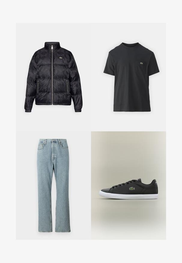 Lacoste Páperová bunda - black; Čierne bavlnené tričko s krátkymi rukávmi, okrúhlym výstrihom a malým zeleným logom na ľavej náprsnej kapsičke. Jednoduchý dizajn, bežný strih.; Svetlomodré džíny z denimu s vysokým pásom, širokými rovnými nohavicami a jednoduchým prešívaním. Obsahujú päť vreciek a klasické zapínanie na gombík.; Čierne kožené tenisky s bielou gumovou podrážkou, s logom zeleného krokodíla a okrúhlymi šnúrkami, elegantný dizajn s hladkou textúrou.