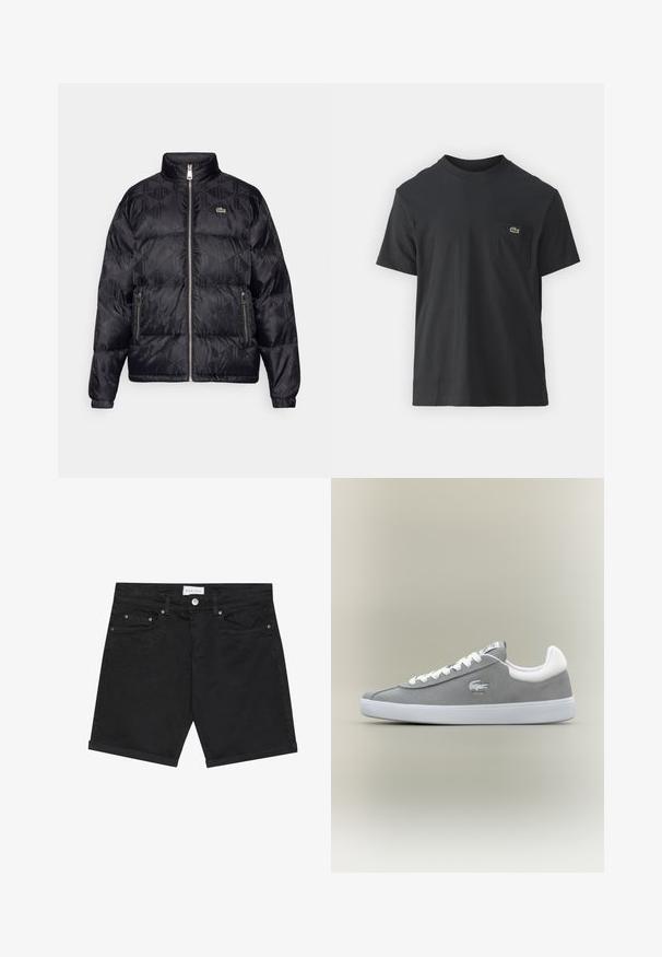 Lacoste Dūnu jaka - black; Melnas kokvilnas T-krekls ar īsām piedurknēm, apaļu kakla izgriezumu un mazu zaļu logotipu kreisajā krūšu kabatē. Vienkāršs dizains, regulāra piegriezuma.; Melnas džinsa šortas ar klasisku griezumu, ar pogu aizdari, piecām kabatām un sarullētiem malām. Gluda tekstūra ar smalkiem rakstu elementiem.; Pelēki zamšādas sporta apavi ar baltu gumijas zoli, ar auklām aizverami, un izšūtu logo sānos. Minimālisma dizains ar klasisku siluetu.