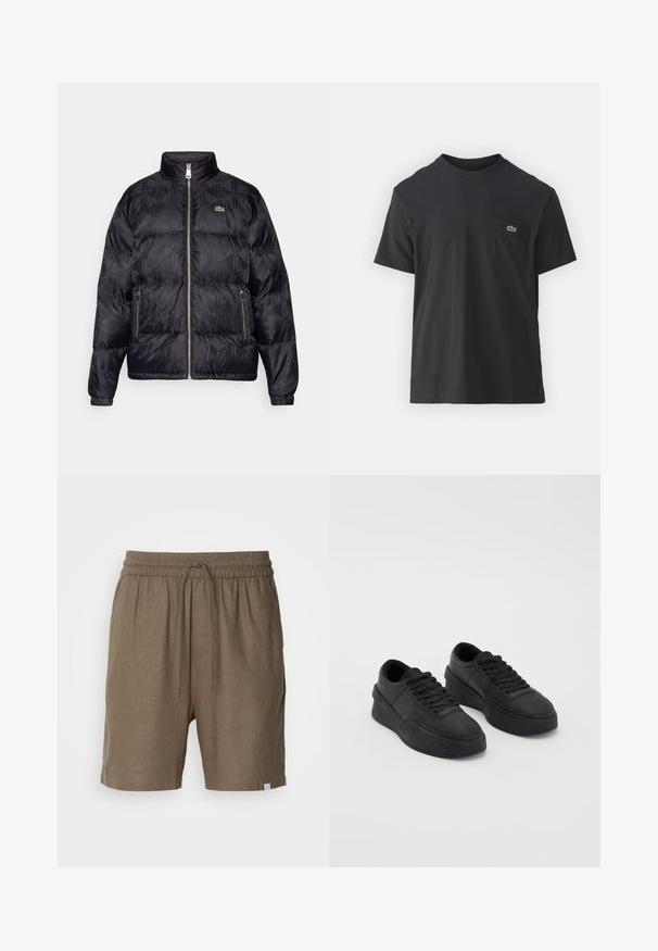 Lacoste Tollkabát - black; Fekete pamut póló rövid ujjakkal, kerek nyakú, bal oldalon egy kis zöld logóval a zseb fölött. Egyszerű dizájn, normál szabású.; Les Deux Rövidnadrágok - brown; Simító bőr fekete sportcipők, párnázott talppal. Jellemzői közé tartozik a lapos fűző, a perforációk az orrán és az elegáns sziluett.