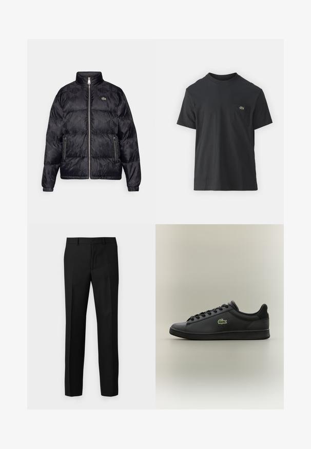 Lacoste Down jacket - black; Black cotton t-shirt with short sleeves, round neckline, and a small green logo on the left chest pocket. Simple design, regular fit.; Black tailored trousers with a smooth texture, featuring a straight-leg design, front pleats, and a flat waistband. No visible pockets.; Black low-top leather sneaker with black laces featuring a green crocodile logo on the side, set against a plain neutral background.