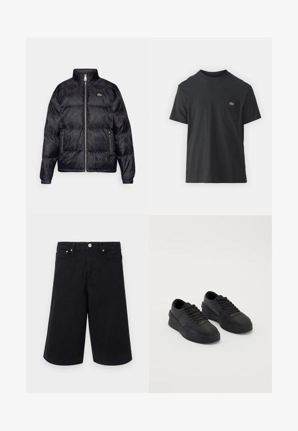 Lacoste Piumino - black; T-shirt in cotone nero con maniche corte, scollatura rotonda e un piccolo logo verde sul taschino sinistro. Design semplice, vestibilità regolare.; Shorts in denim neri con taglio dritto, dotati di un bottone anteriore, due tasche laterali e una texture liscia. Nessun motivo o dettaglio visibile.; Sneaker nere in pelle liscia con suola ammortizzata. Le caratteristiche includono lacci piatti, perforazioni sulla punta e una silhouette elegante.